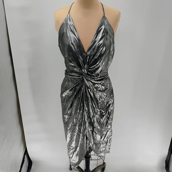 Sheike V-Cut Silver Bodycon Twist Knot Waistline Mini Dress Women's 8 metallic - Picture 8 of 16